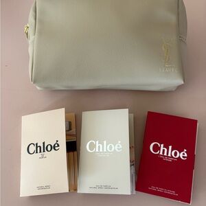 Yves Saint Laurent Beaute Cream Cosmetic Pouch with 3 Chloe Perfume samples